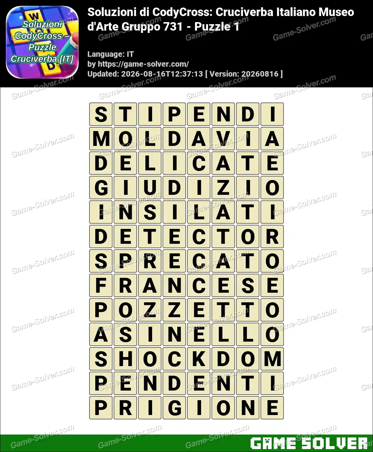 Soluzioni di CodyCross: Cruciverba Italiano Museo d’Arte Gruppo 731 – Puzzle 1